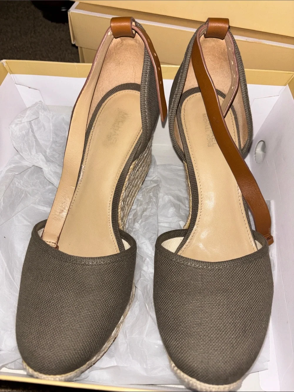 Michael Kors Olive Canvas Espadrille Wedges with Tan Ankle Strap